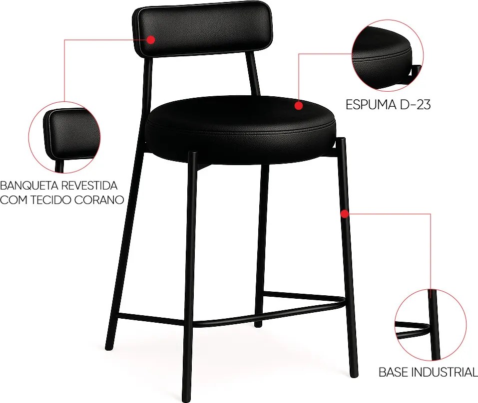 Banqueta Cozinha Alta com Encosto Industrial Preto Kit 2 Londres PU D03 - D'Rossi - Preto