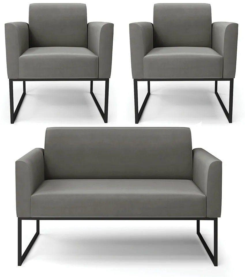 Sofá Namoradeira com 2 Poltronas Base Industrial Preto Marisa Suede Grafite D03 - D'Rossi