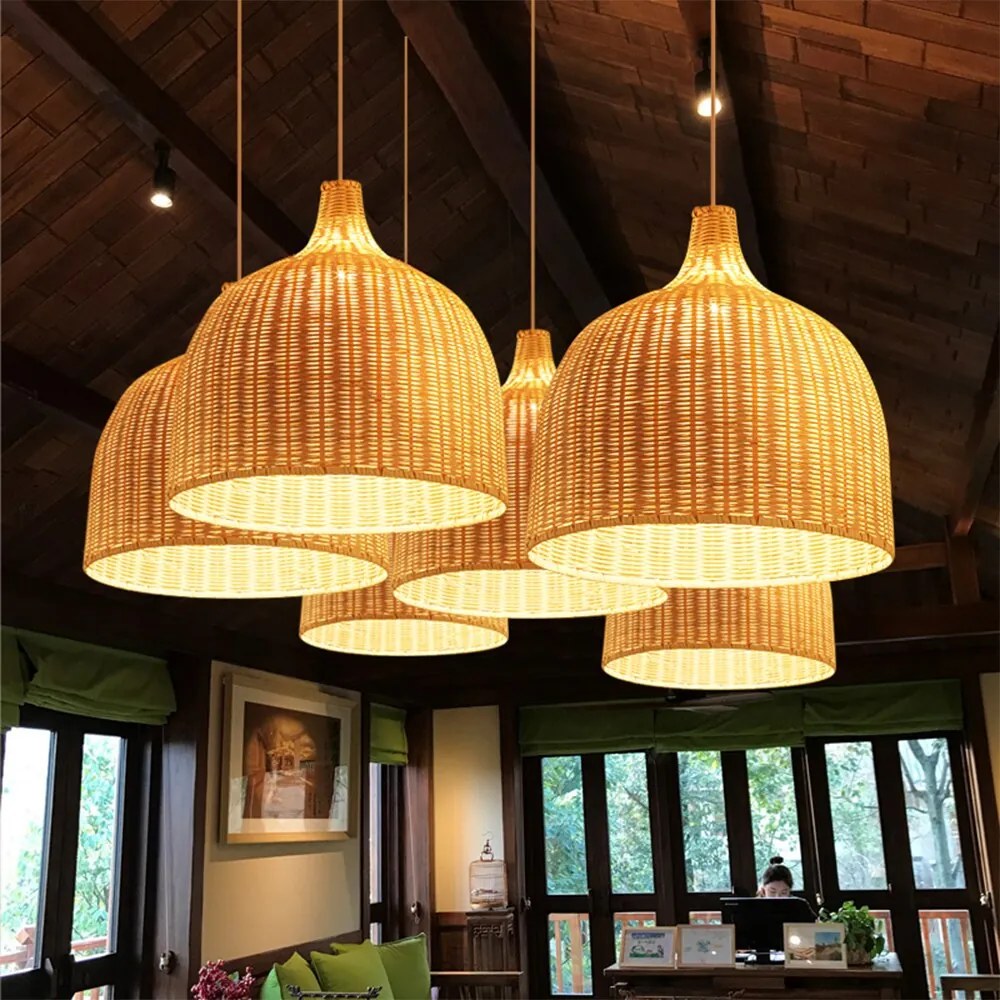 Luminária Pendente  Rattan Luzes Pingente, Sudeste Asiático, Lustre De Vime, Sala De Jantar, Arte De Bambu. - 45CM