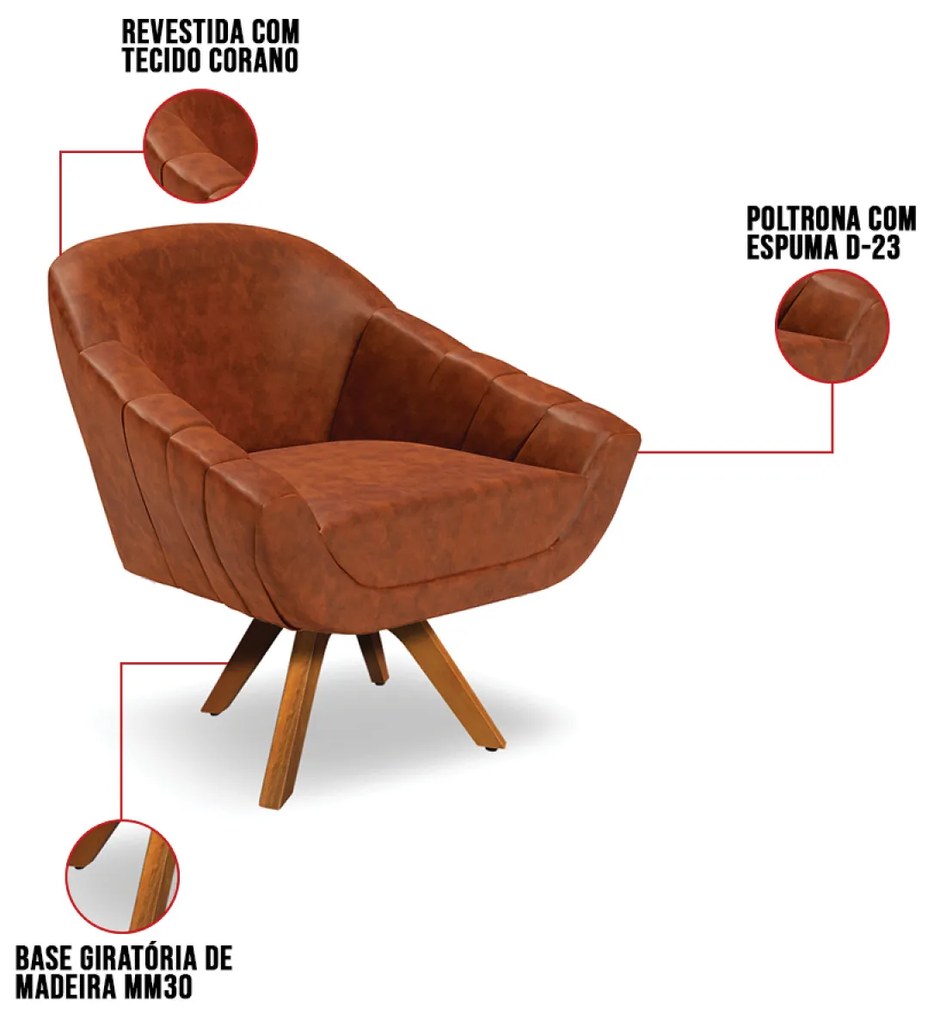 Kit 02 Poltronas Giratória Giovana Corano Nozes Base Madeira MM30 D03 - D'Rossi