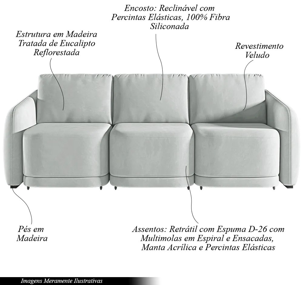 Sofá Cama Modulado Retrátil e Reclinável Decorativo Varsóvia 246cm Veludo Cinza G33 - Gran Belo