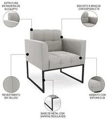 Sofá Namoradeira e 2 Poltronas Base Industrial Preto Ana Veludo Cinza