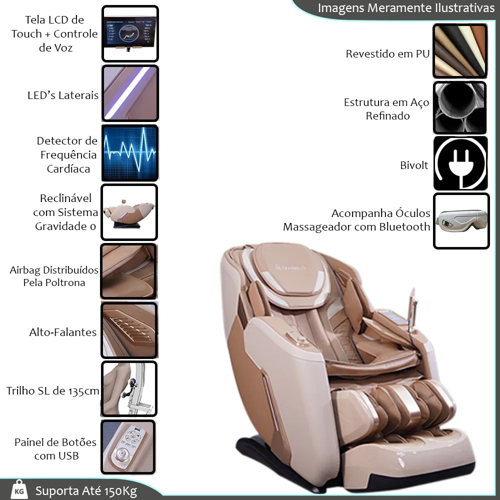 Poltrona Elétrica 3D Massagem Aquecimento Stark Reclinação Gravidade Zero Bivolt Tela LCD Touch com Óculos Massageador de Brinde PU Bege G94 - Gran Be