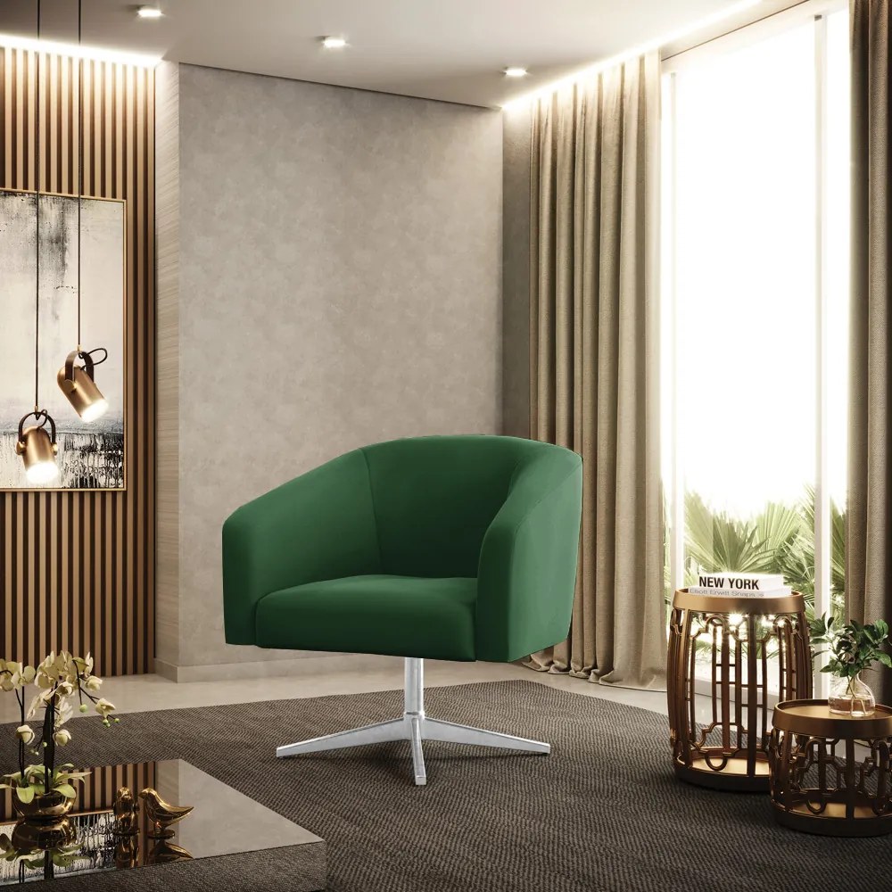 Poltrona Decorativa Giratória Cromada Stella Veludo D03 - D'Rossi - Verde
