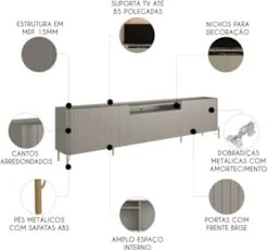 Rack TV 85 Pol 260cm 4 Portas Brise Blen Grigio/Dourado I06 - Mpozenat