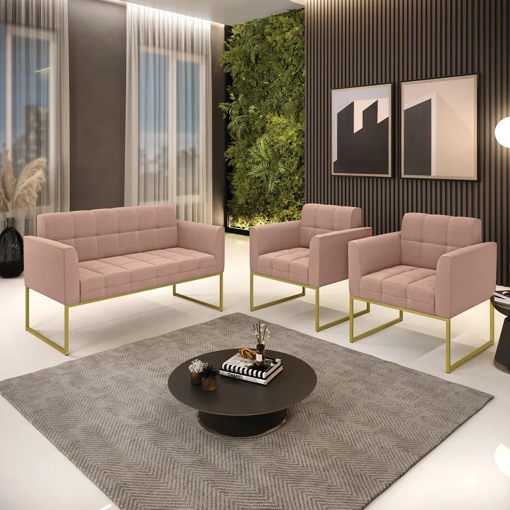 Namoradeira e 2 Poltronas Industrial Dourado Elisa Bouclê D03 - DRossi - Rose