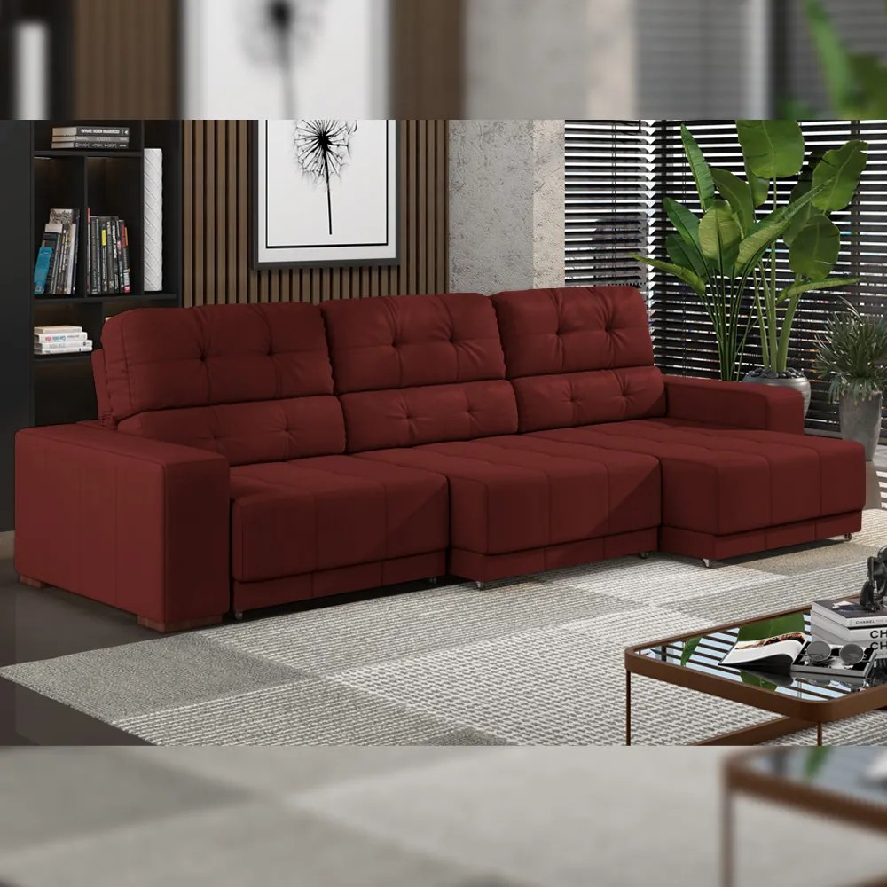Sofá Sala de Estar Retrátil e Reclinável 5 Lugares Lisboa 350cm Couro Vermelho G58 - Gran Belo