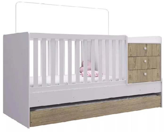 Berço Americano Vira Cama C/ Auxiliar Trocador Gaveteiro - Branco/Montreal
