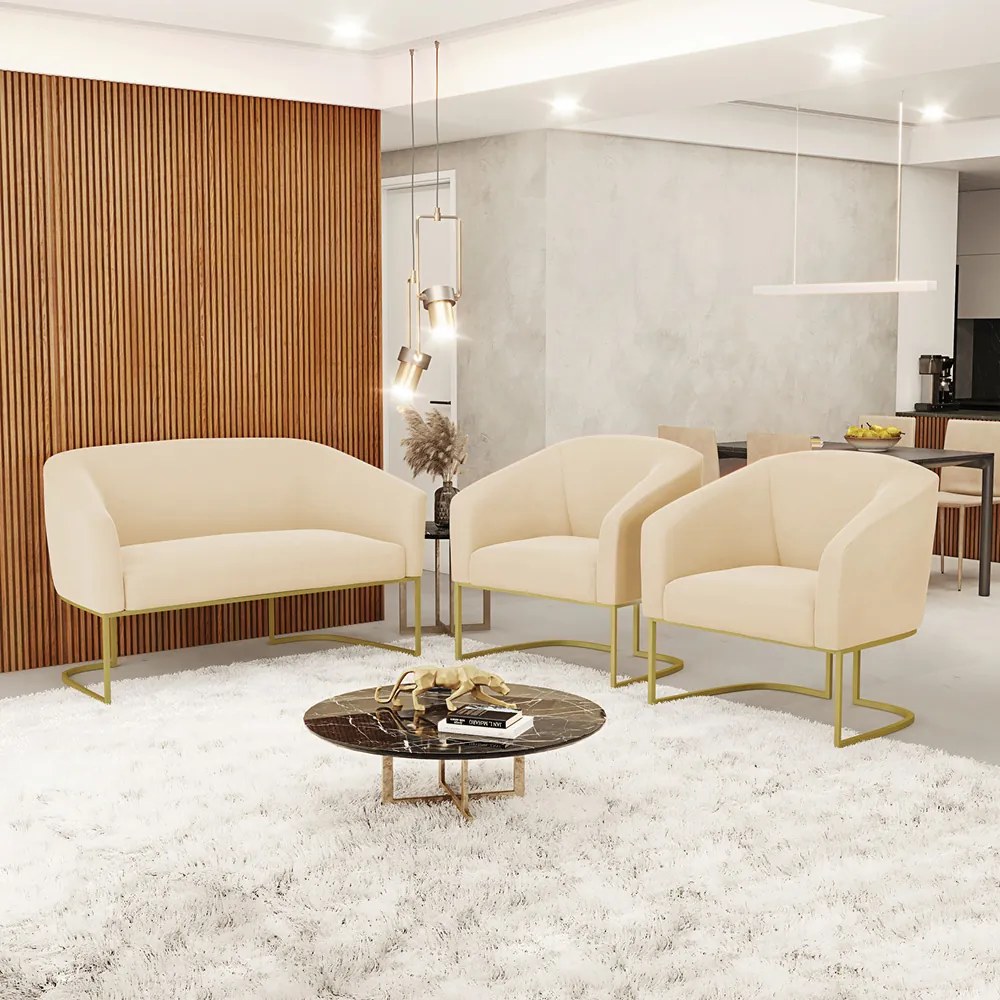 Namoradeira e 2 Poltronas Base Industrial Dourado Stella Suede D03 - D'Rossi - Bege