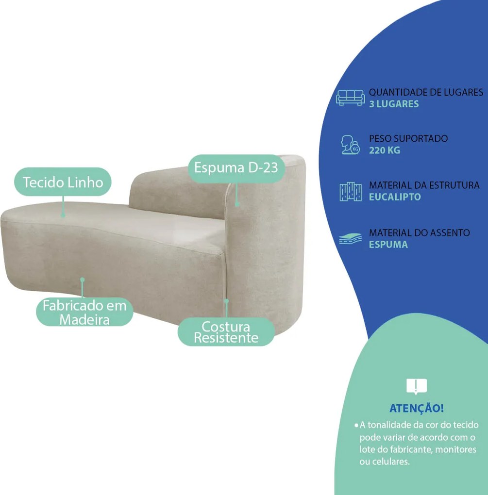 Kit Divã Recamier Orgânico França 160cm Lado Esquerdo e 2 Poltronas Amore Linho