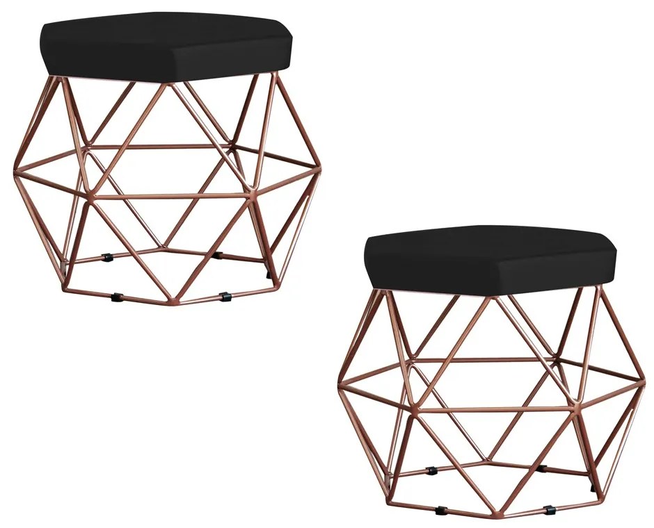 Kit 2 Puff Decorativo Base Bronze Elsa Suede Preto G41 - Gran Belo