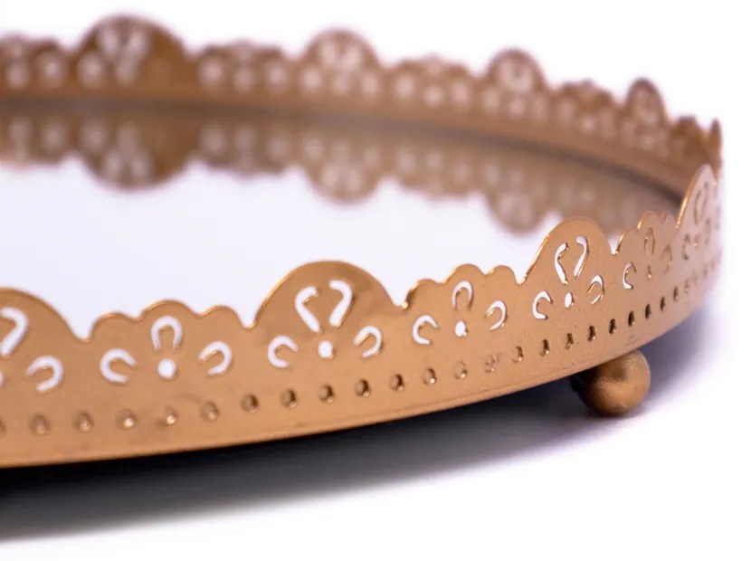 Bandeja Decorativa Redonda em Metal Flor Rosê com Espelho 22cm F01 - D'Rossi