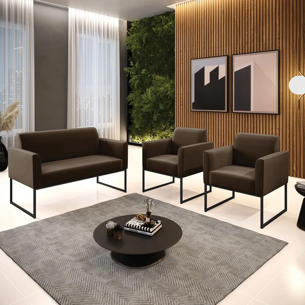 Sofá Namoradeira com 2 Poltronas Base Industrial Preto Marisa Suede Marrom D03 - D'Rossi