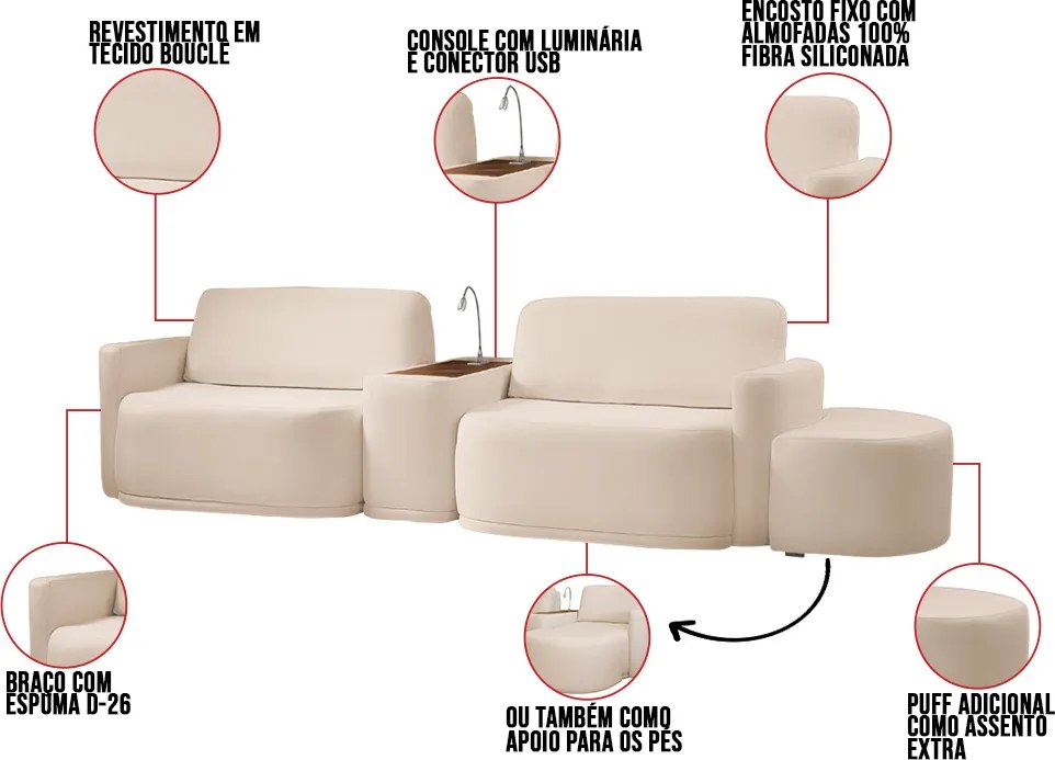 Sofá Sala Modulado 319cm com Puff Console USB Luminária Brumma Bouclê K01 - D'Rossi - Bege