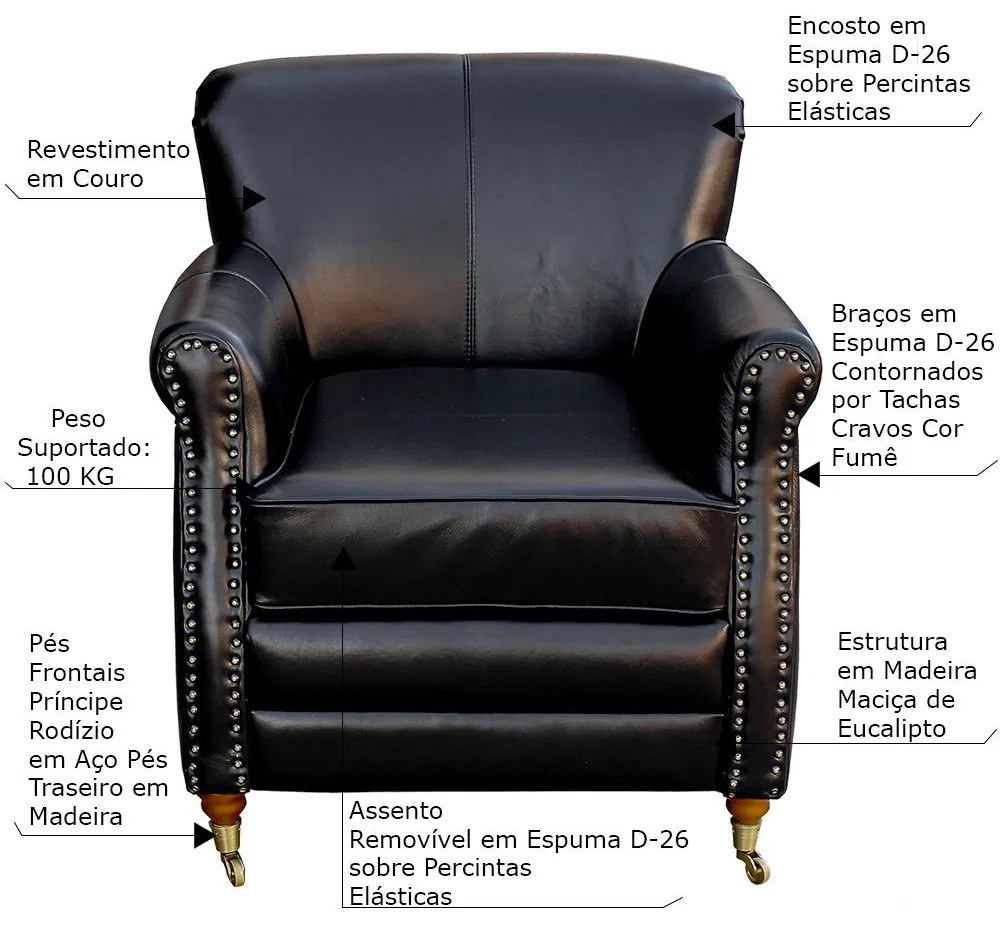 Poltrona Decorativa Sala de Estar Brunei Pés Príncipe Couro Preto G58 - Gran Belo