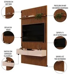 Painel para TV 60 Pol Ripado com Bancada Suspensa 143x240cm Pratisk D0