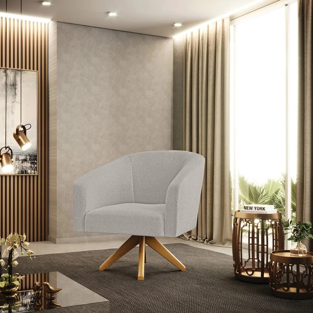 Poltrona Sala Decorativa Giratória Madeira Stella Bouclê D03 - D'Rossi - Cinza