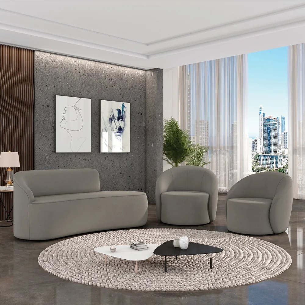 Sofá 2 Lugares Orgânico 140cm Morgan e 2 Poltronas Lua Suede D03 - D'Rossi - Grafite