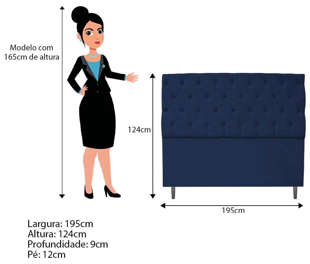 Kit Cabeceira e Calçadeira Liverpool 195 cm King Size Suede Azul Marinho - ADJ Decor
