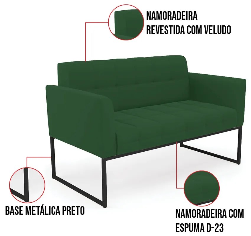 Kit 1 Sofá Namoradeira e 1 Poltrona Elisa Veludo Base Metálica Industrial Preto D03 - D'Rossi - Verde