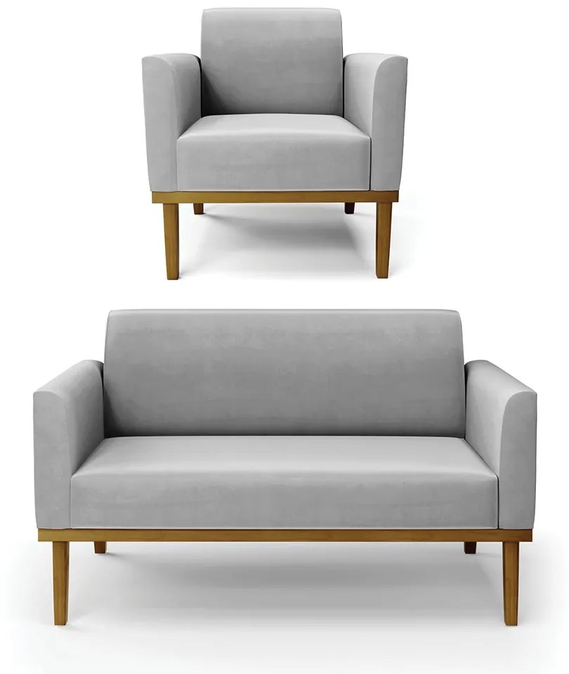 Conjunto Poltrona e Namoradeira Decorativa Isabella Pés Fixo em Madeira Castanho Suede Cinza G19 - Gran Belo