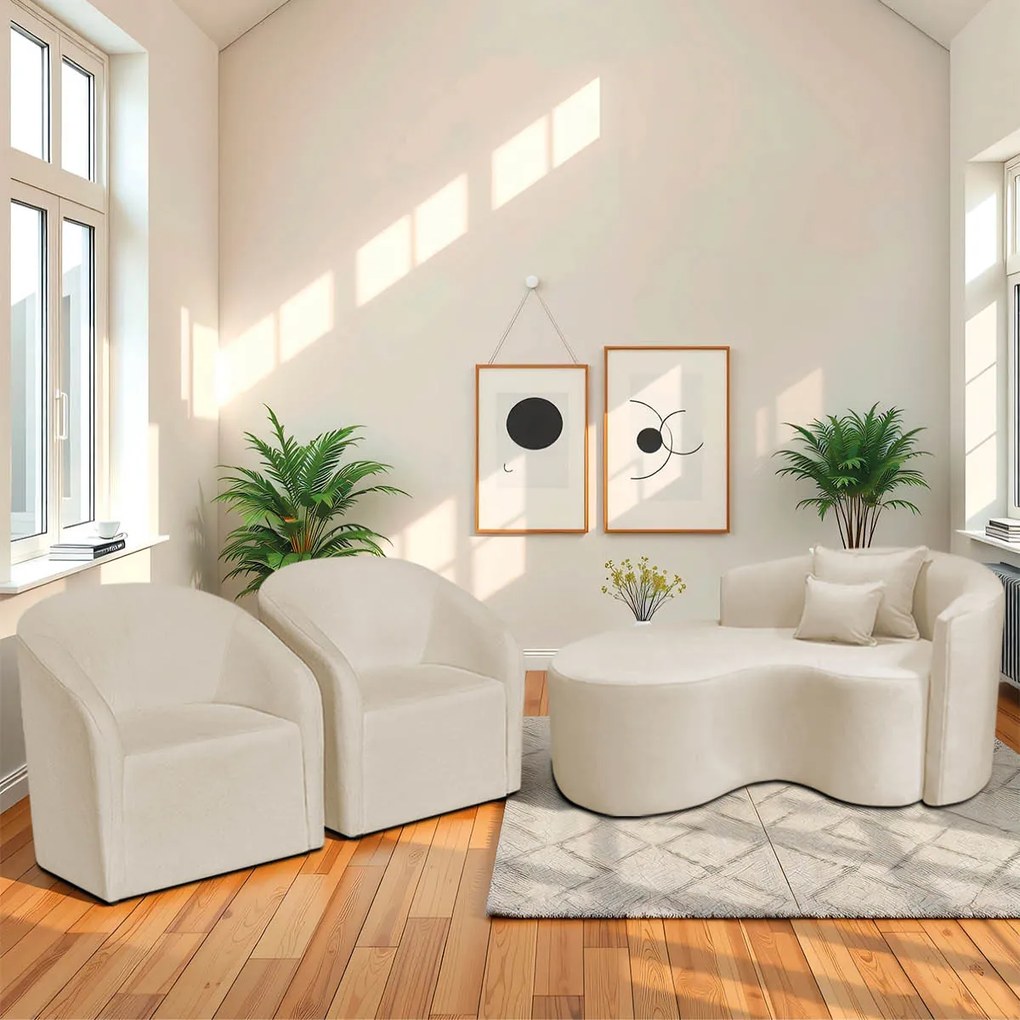 Kit Recamier Curvo Sala de Estar Inglaterra 150cm Lado Esquerdo e 2 Poltronas Orgânica Luxo Luiza Max Bouclé