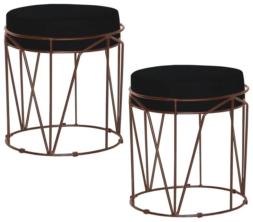 Kit 2 Puffs Decorativo Sala de Estar Base Bronze Chloe Suede Preto G41 - Gran Belo