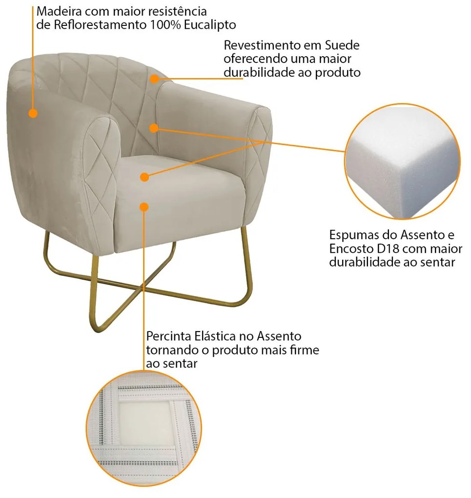 Poltrona Grazi  Base X Dourada Suede - ADJ Decor