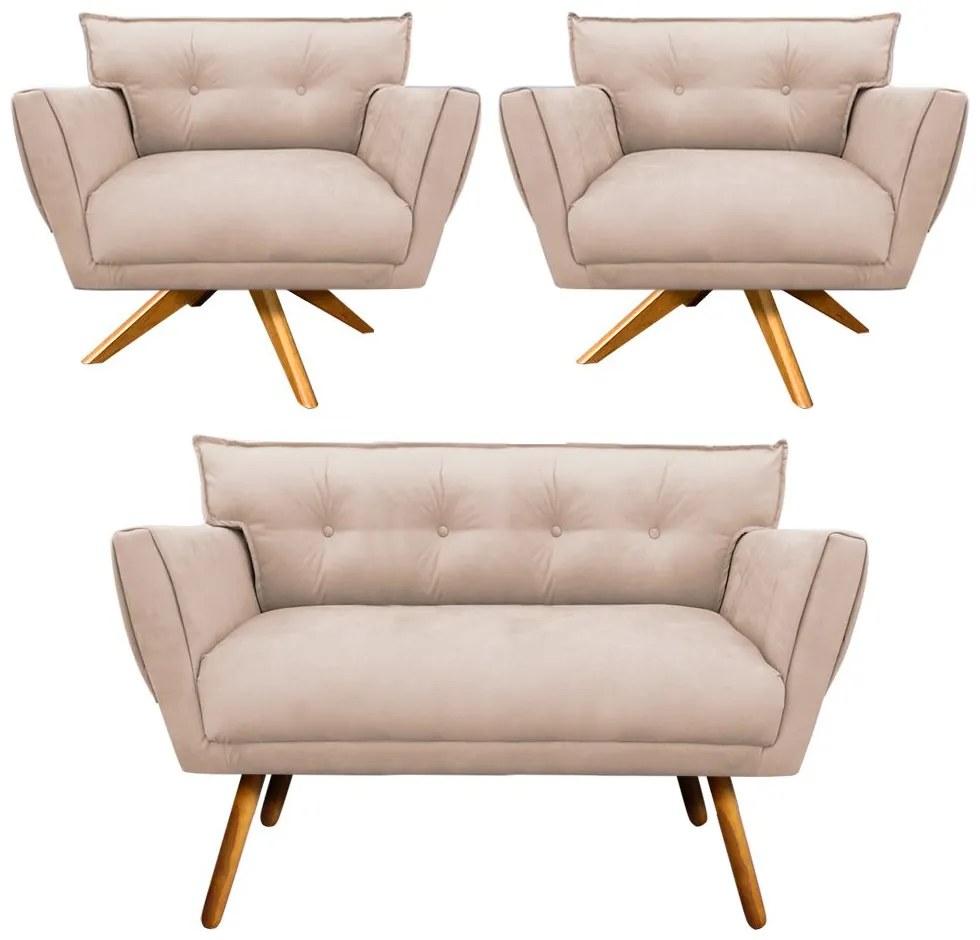 Kit 1 Namoradeira 2 Lugares E 2 Poltronas Anitta Suede Base De Madeira MA30 D03 - D'Rossi - Bege