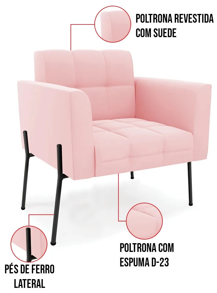 Poltrona Pé de Ferro Preto para Sala Elisa Suede D03 - D'Rossi - Rosa Bebê