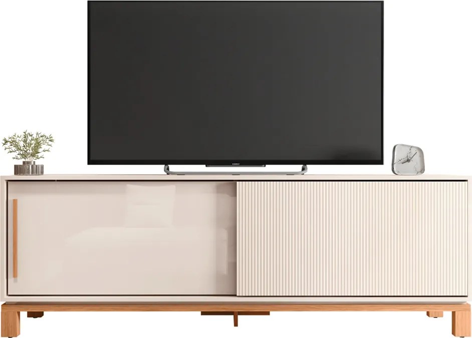 Bancada Átomo 179,4cm para TV até 65 com 2 Portas de Correr Ripadas MDP OffWhite/Freijo G11 - Gran Belo