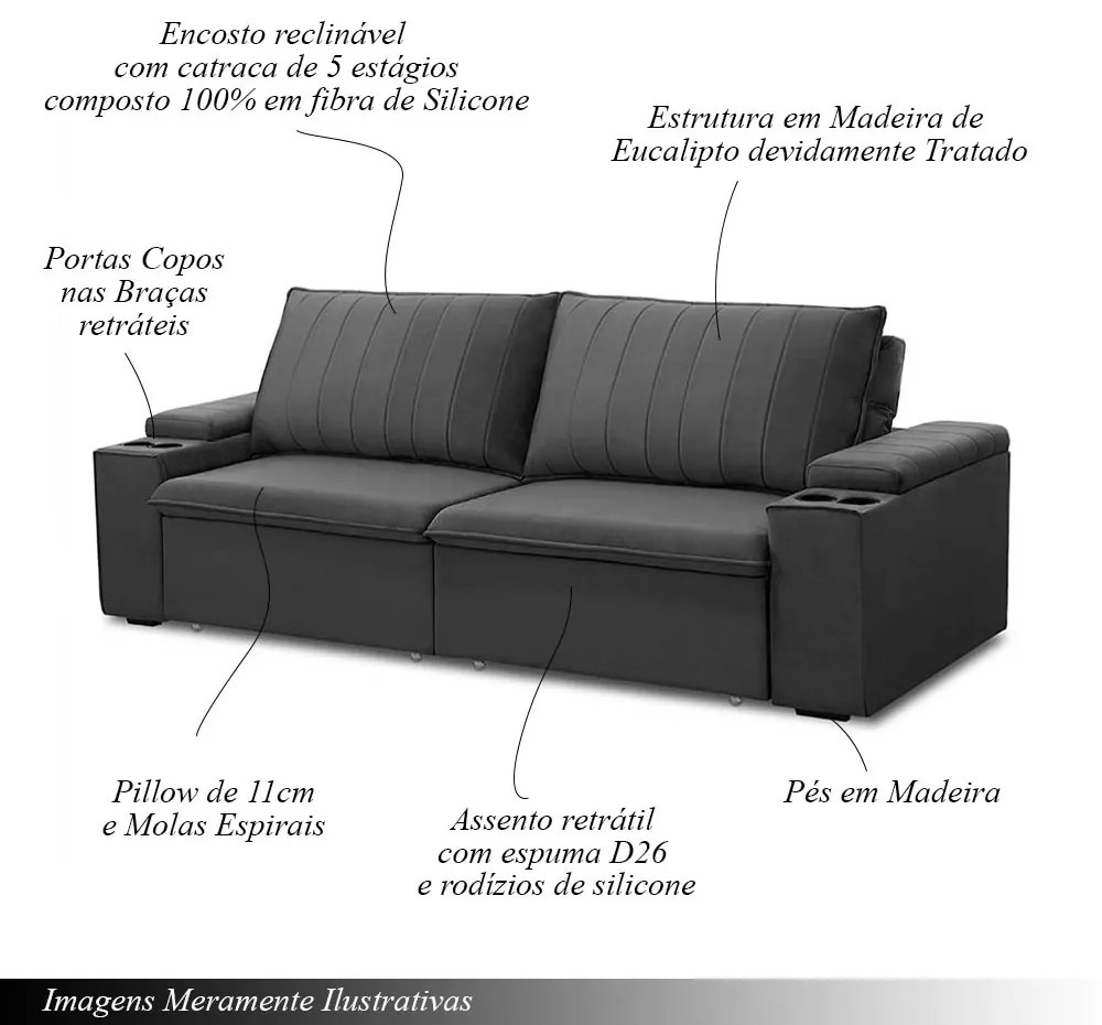 Sofá Retrátil e Reclinável 3 Lugares 225cm Kent Porta Copos no Braço Veludo Grafite G22 - Gran Belo