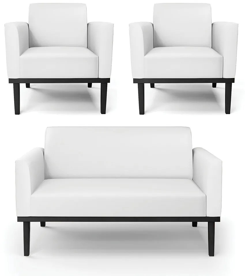 Conjunto 2 Poltronas e 1 Namoradeira Decorativa Isabella Pés Fixo em Madeira Preto PU Branco G19 - Gran Belo