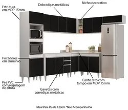 Armário de Cozinha Modulada de Canto 8 Peças CP01 Balcão Branco/Preto