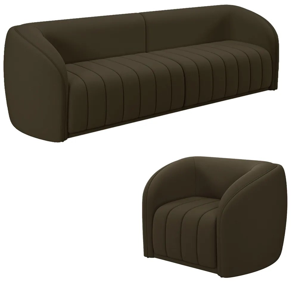Conjunto Sala de Estar Sofá 332cm 4 Lugares e Poltrona Adam Veludo Marrom G45 - Gran Belo