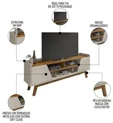 Rack Bancada para TV 70 Pol Pés Retrô 180cm Flora B02 Off White/Natura
