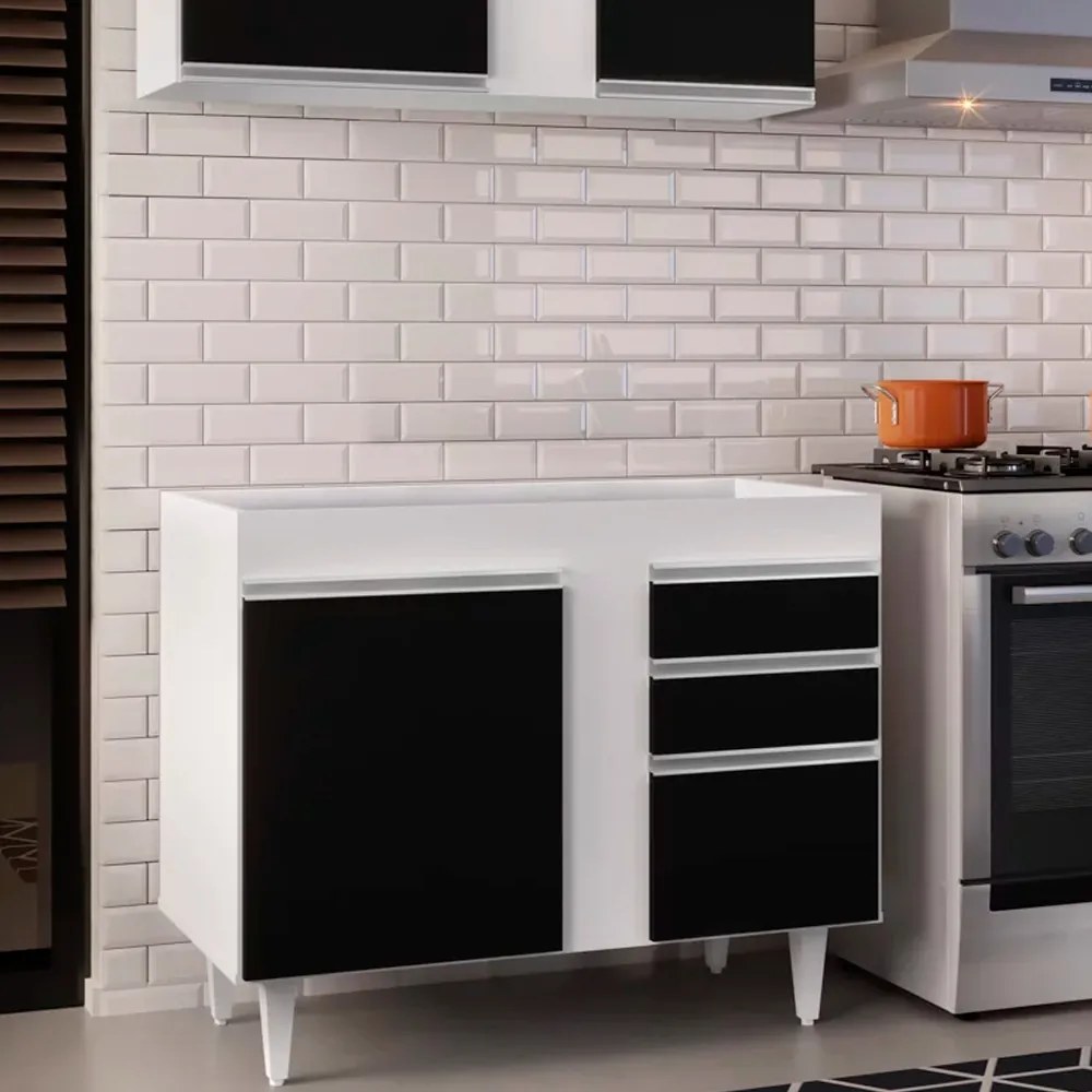 Balcão de Cozinha Lavanderia sem Tampo 02 Gavetas Bia 100 cm L06 - D'Rossi - Branco e Preto