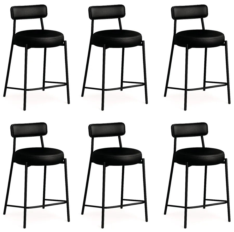 Banqueta Cozinha Alta com Encosto Industrial Preto Kit 6 Londres PU D03 - D'Rossi - Preto