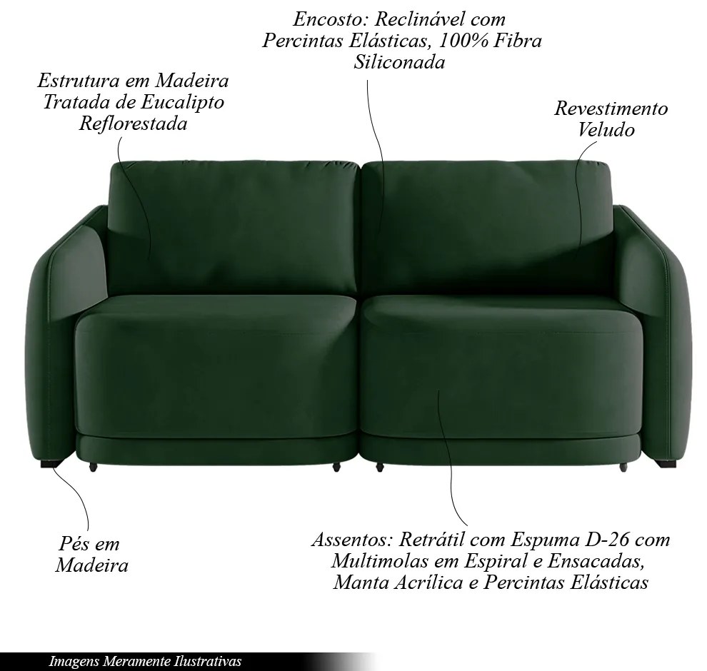 Sofá Cama Modulado Retrátil e Reclinável Decorativo Varsóvia 176cm Veludo Verde G33 - Gran Belo