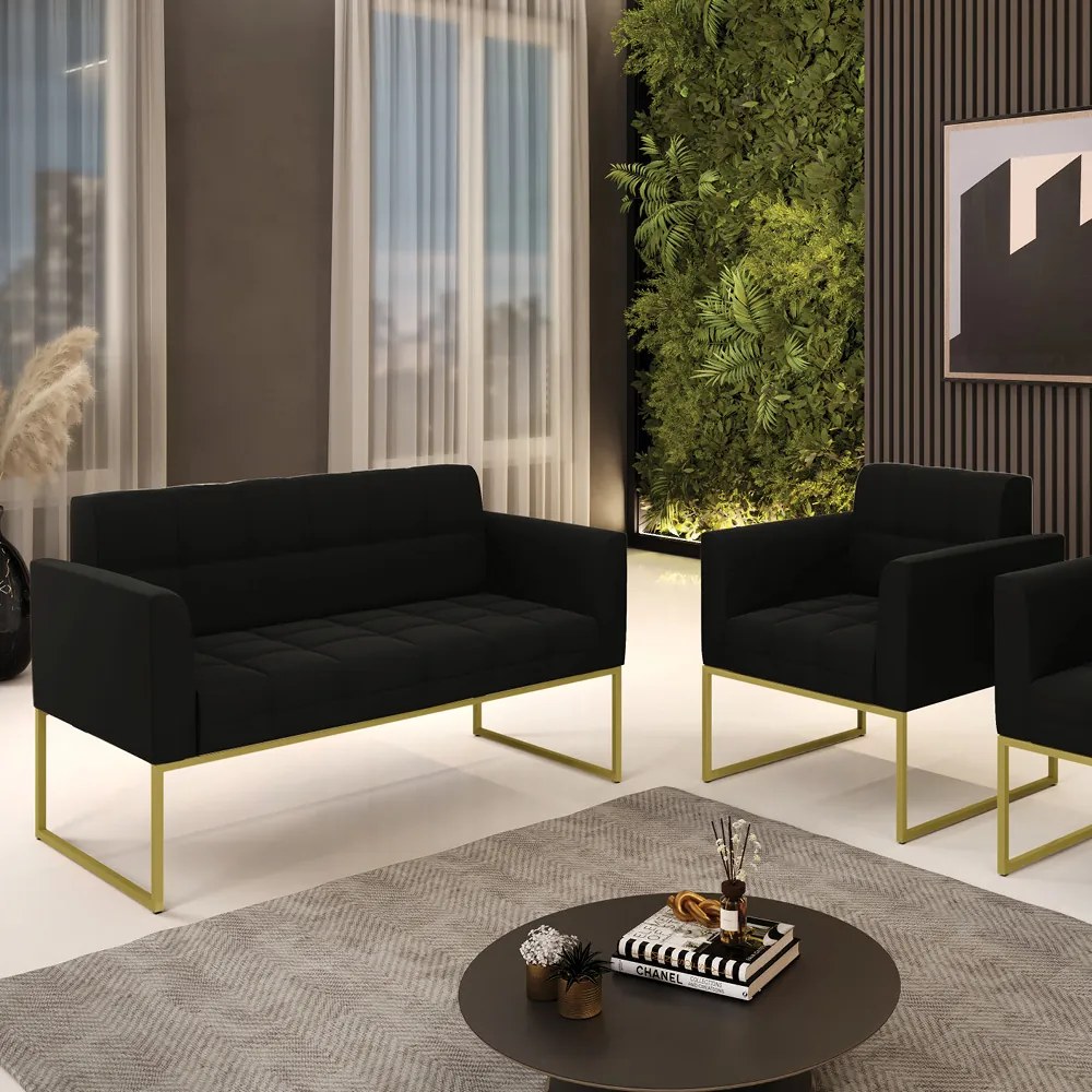 Kit 1 Sofá Namoradeira e 1 Poltrona Elisa Suede Base Metálica Industrial Dourado - D'Rossi - Preto
