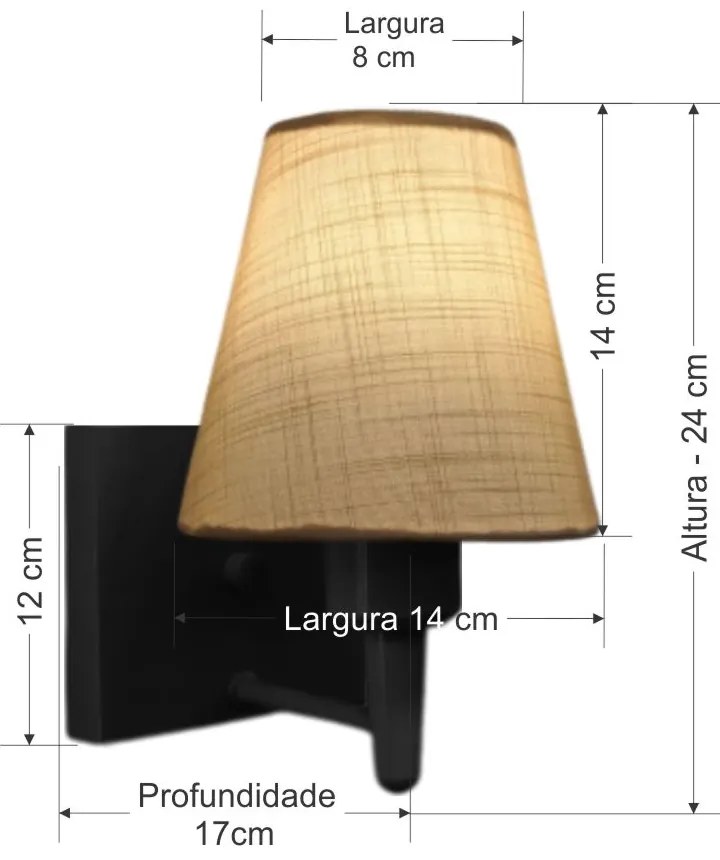 Arandela Quadrada Md-2034 Preto Cúpula em Tecido Cone Palha - Bivolt