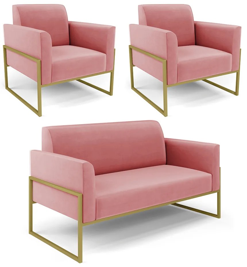 Sofá Namoradeira com 2 Poltronas Base Industrial Alta Dourado Marisa Suede D03 - D'Rossi - Rose