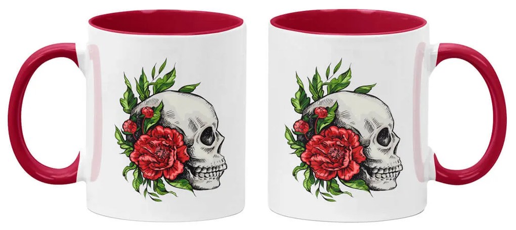 Caneca Caveira e Rosas Branca com Alça Vinho