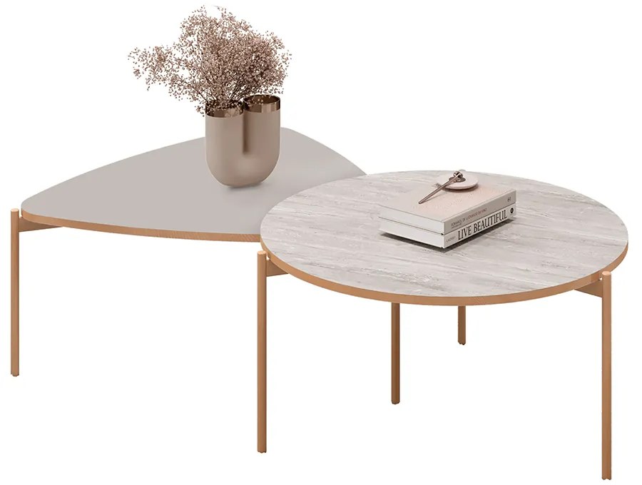 Conjunto Mesas de Centro Decorativas Oak e Dutton Pés Metálicos Dourados Fendi/Quartzo G18 - Gran Belo