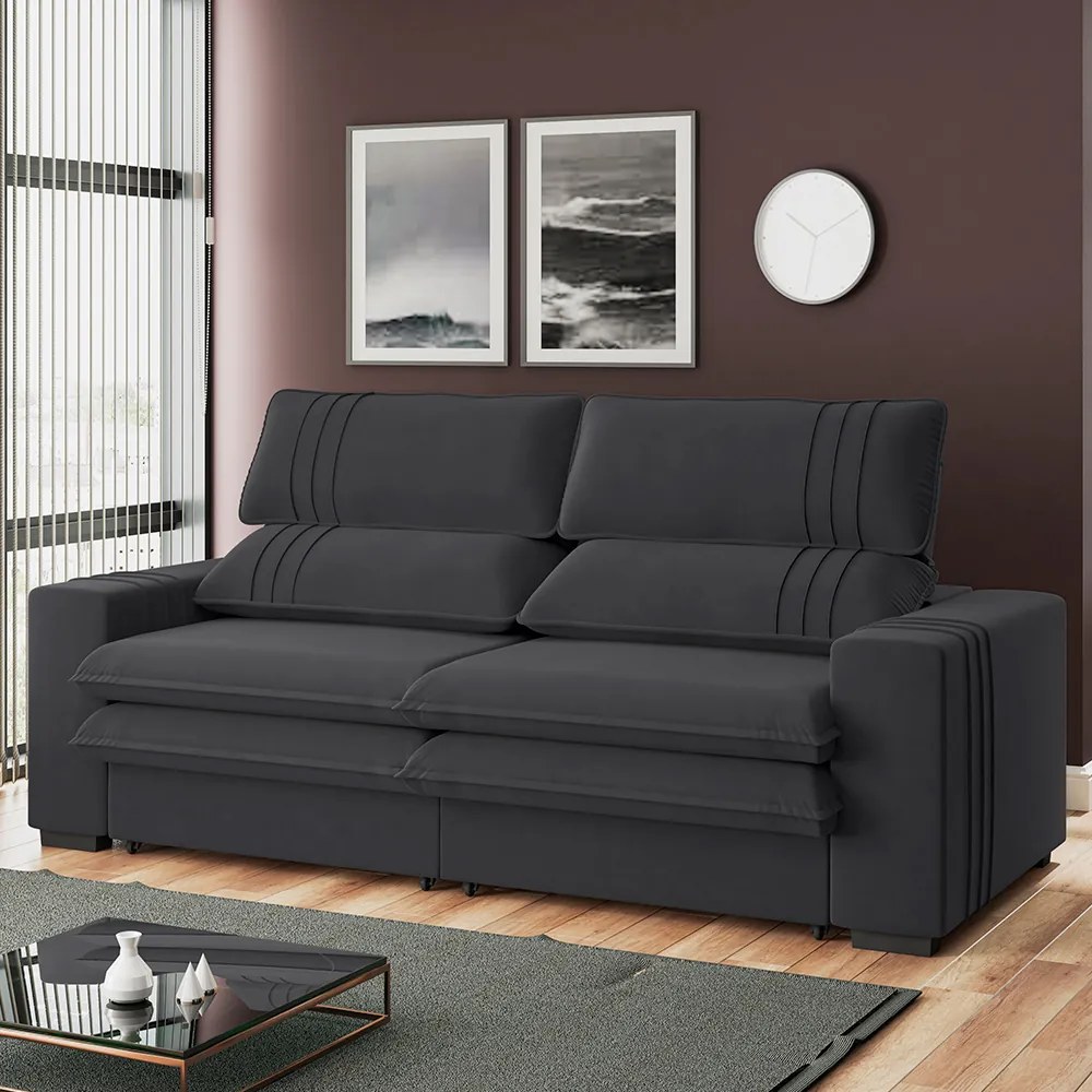 Sofá 2 Lugares Retrátil Noruega 180 cm Veludo Grafite Pés Tabaco - D'Rossi
