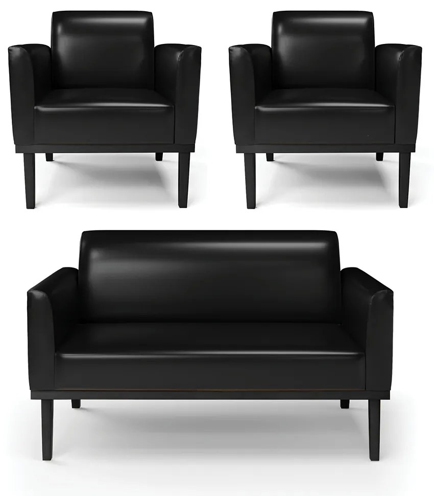 Conjunto 2 Poltronas e 1 Namoradeira Decorativa Isabella Pés Fixo em Madeira PU Preto Brilho G19 - Gran Belo