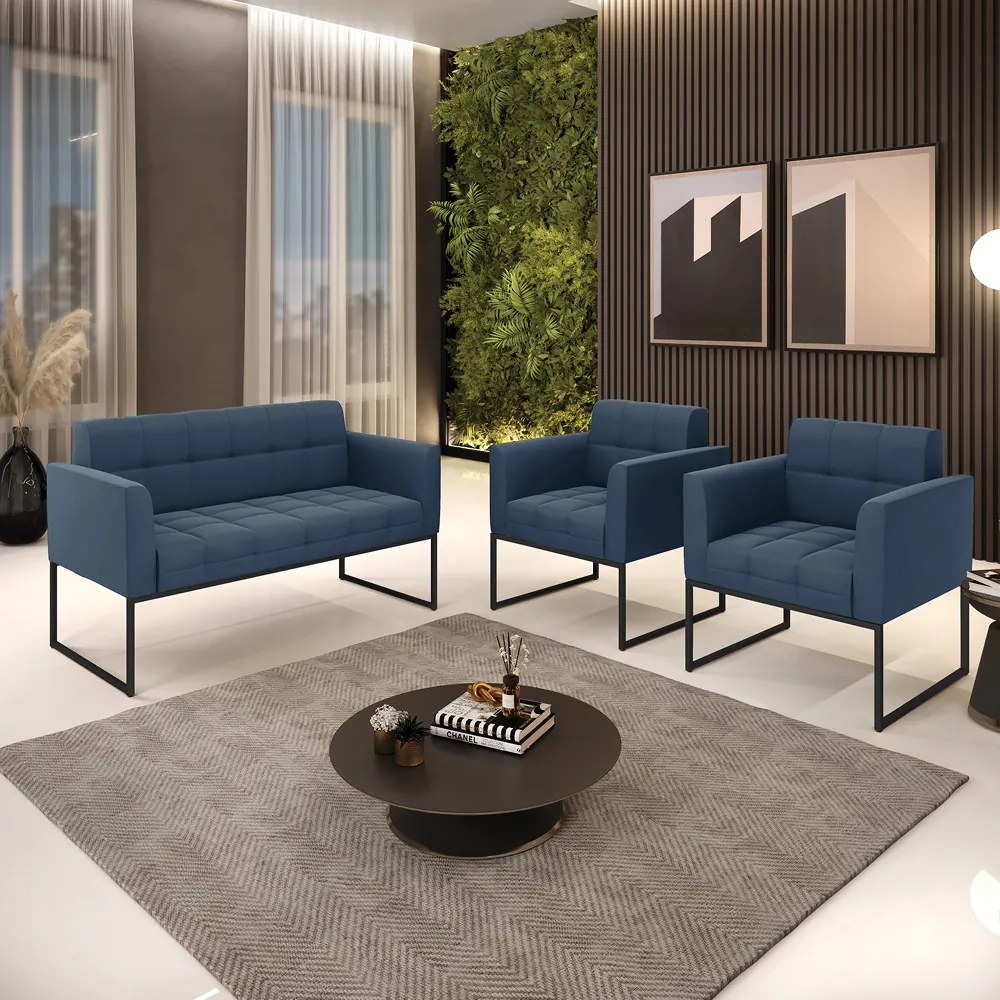 Kit 1 Sofá Namoradeira e 2 Poltronas Elisa Suede Base Metálica Industrial Preto - D'Rossi - Azul Marinho