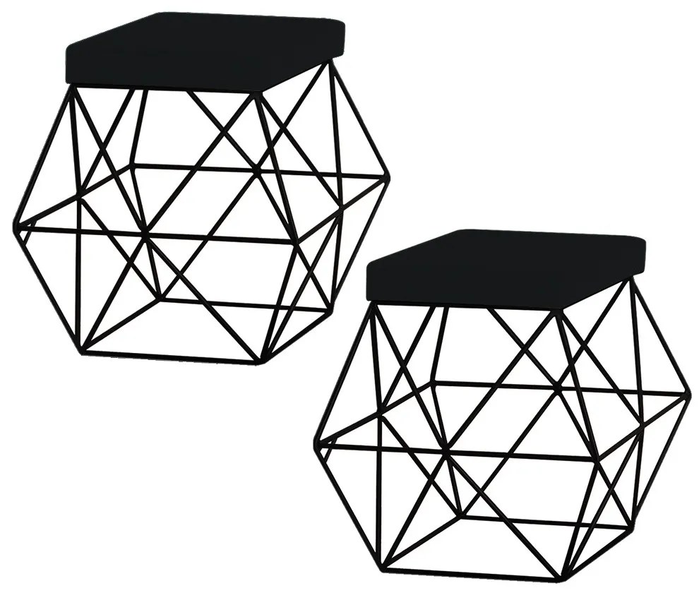 Kit 2 Puffs Decorativo Sala de Estar Base Preto Trixie Veludo Preto G41 - Gran Belo