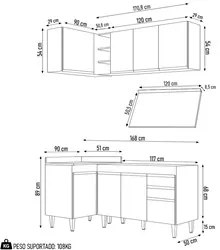 Armário de Cozinha Modulado de Canto Direito 4 Peças CP38 Balcão com T