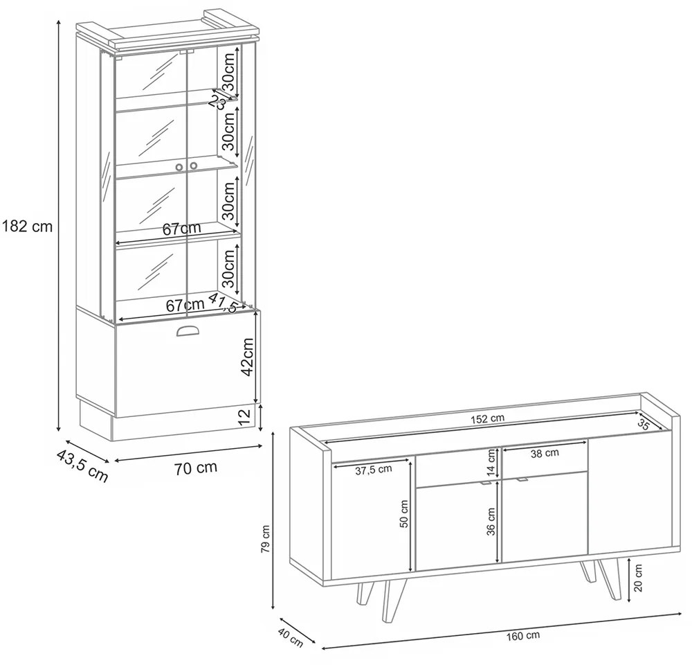 Conjunto Decorativo Cristaleira e Buffet Aparador Peggy/Albâni Verde Pistache/Freijó G26 - Gran Belo